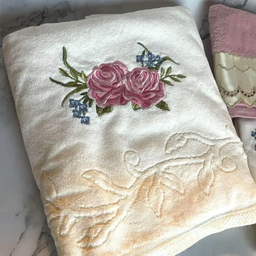 Vintage After Bath Luxury 3pc Towel Set Pink Rose Floral Made in USA